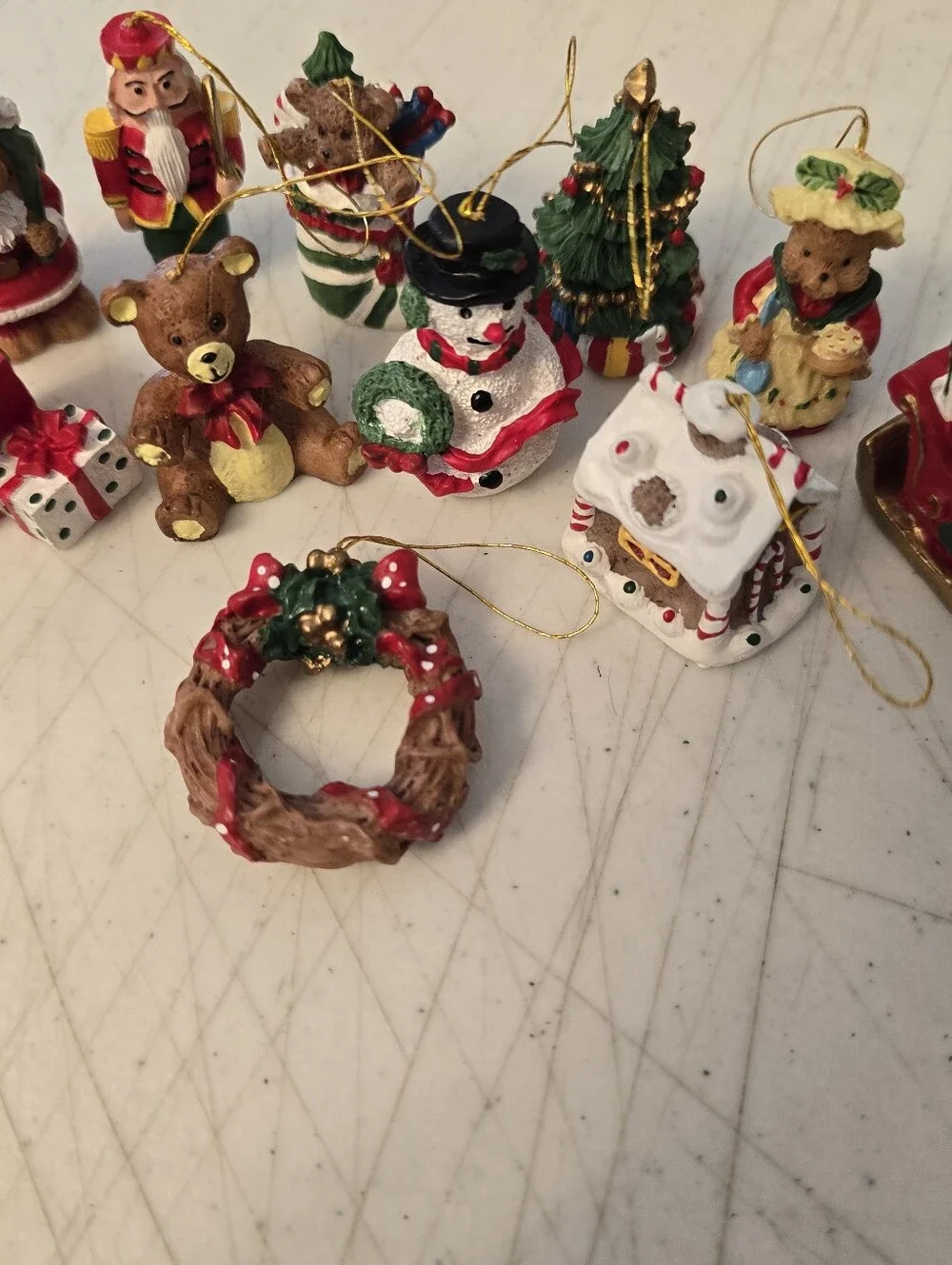 Lot of 12 Resin Miniature Christmas Ornaments Snowman Teddy Bear Nutcracker